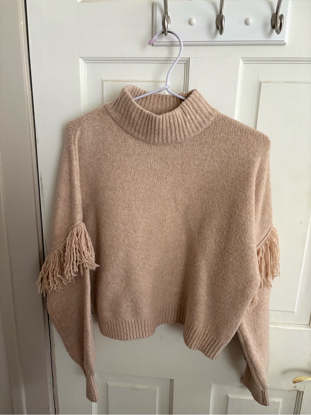 Fringe-Sleeve Blush Turtleneck Sweater